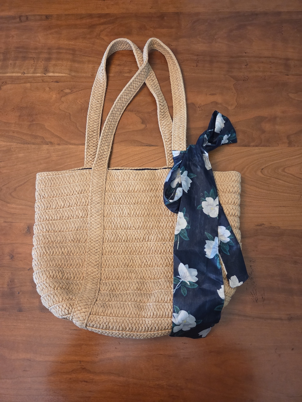 Draper James Beige Woven Shoulder Tote with Navy Floral Scarf